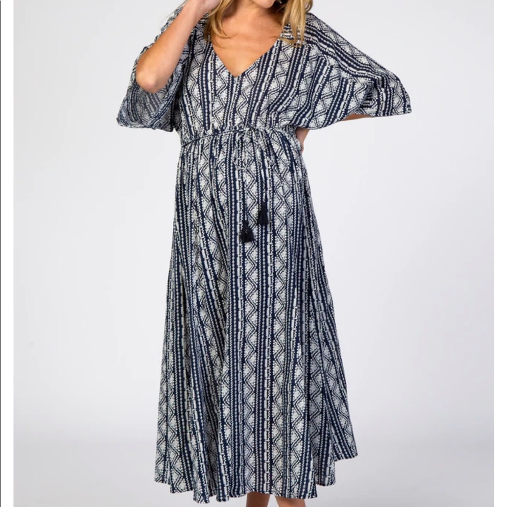 Pinkblush Navy Printed V-Neck Maternity Midi Dress - Picture 1 of 6